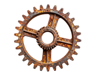 Detailed view of a rusty, worn gear on black