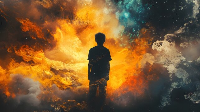 A silhouette of a young boy standing before a vibrant cosmic background, symbolizing the mysteries and wonders of the universe. - Powered by Adobe