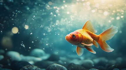 Fototapeta premium A single goldfish swims through clear, blue water with bubbles rising around it, sunbeams in the background, and pebbles at the bottom.