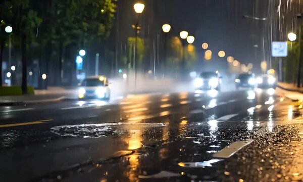 Suasana malam hari di jalan raya sebuah kota ketika gerimis 