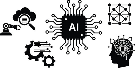 Artificial intelligence technology icons set, AI processor chip, machine learning automation, neural network, robotics, data analysis, digital innovation
