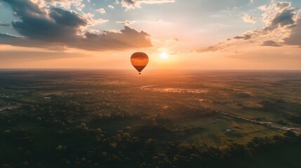A single hot air balloon floats in the sky against a beautiful sunset with a backdrop of green fields.
