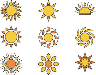 Sun icon collection, modern and hand drawn solar symbols, weather energy summer design elements isolated on white background
