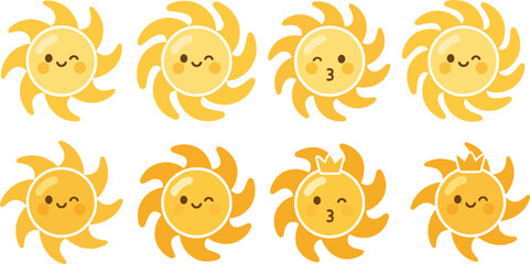 Cute smiling sun emoji collection with funny facial expressions, kawaii summer weather cartoon illustration set isolated on white background