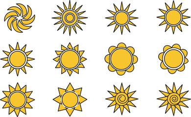 Collection of yellow sun icons with different rays and shapes, bright summer weather symbol illustration set isolated on white background
