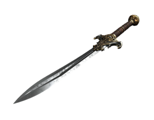A detailed image of an ornate, long sword on a black background