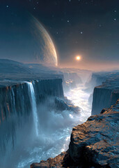 In an otherworldly scene, majestic waterfalls plunge into deep canyons beneath a vast alien sky. A planet looms above, casting a soft light across the mystical terrain at sunset.