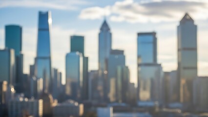 Fototapeta premium Modern glass skyscrapers reflect a vibrant orange sunset against a hazy blue twilight sky in this cinematic metropolitan skyline