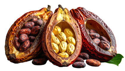 Three open cacao pods reveal vibrant beans, vibrant colors, and leaf
