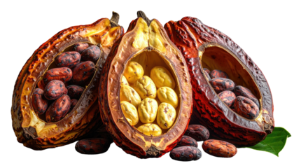 Three open cacao pods reveal vibrant beans, vibrant colors, and leaf