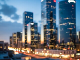 Fototapeta premium Modern glass skyscrapers reflect a vibrant orange sunset against a hazy blue twilight sky in this cinematic metropolitan skyline