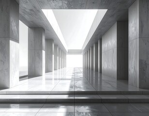 Modern architectural interior with a bright, open hallway. Sunlight streams through the ceiling opening, reflecting on marble surfaces