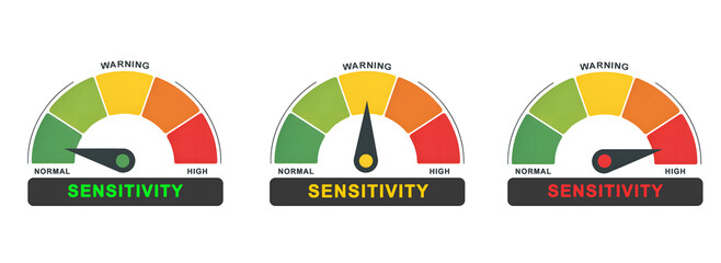 Sensitivity Measurement Illustration: Normal, Warning, and High Levels Gauge Meters isolated on white background