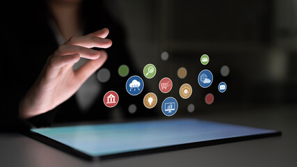 Set of business and digital service icons representing finance, cloud, analytics, email, communication, ecommerce, cybersecurity, and global connectivity in a modern ecosystem Latch