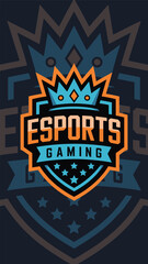 Obraz premium Professional esports gaming logo design with royal crown and shield emblem for competitive video game teams and streaming channels vibrant blue and orange graphic for tournament identity branding