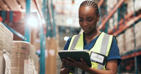 Shipping, tablet and woman in warehouse with barcode reader for stock, inventory and check records. Technology, distribution worker and black person with scanner for storage update, smile and flare - Powered by Adobe