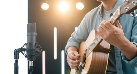 A young adult playing an acoustic guitar in a recording studio with professional equipment and bright stage lights