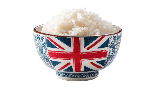 A bowl of white rice with a british flag on transparent background