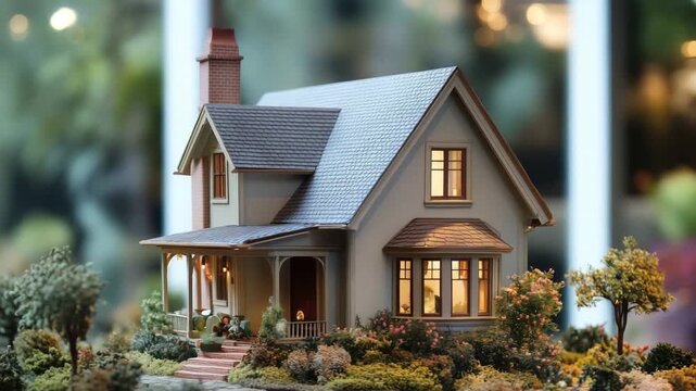 Miniature model of a cozy cottage house with a garden, warm lighting.