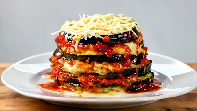 Gourmet stacked cheeseburger tower with melted cheese sauce.