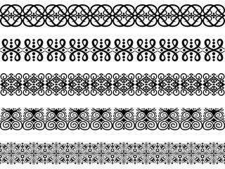 Floral geometric 5 set elements border strip lines.Seamless flower black in white background.Elegant mandala inspired ornamental with symmetry.Design for frame,print,textile,tatoo,embroidery,decorate.