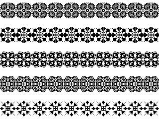 Floral geometric 5 set elements border strip lines.Seamless flower black in white background.Elegant mandala inspired ornamental with symmetry.Design for frame,print,textile,tatoo,embroidery,decorate.