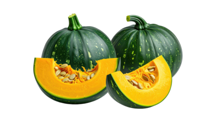 Two green gourds with orange slices revealing seeds