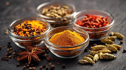 collection of exotic spices in small glass bowls--saffron, star anise, cardamom pods--arranged on a dark, textured surface, global cuisine, rich and details, macro photography.