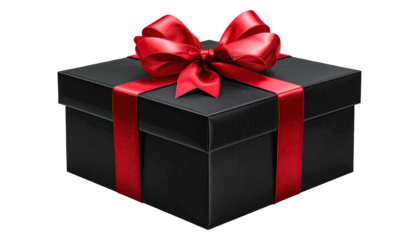 A black gift box with a red ribbon and bow on a black background