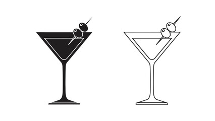 Black and white illustration of martini glasses with olives on skewers