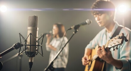 Musicians recording music in a professional studio with microphones and instruments