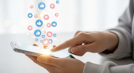 A person interacts with a tablet, surrounded by social media icons in a bright and modern environment