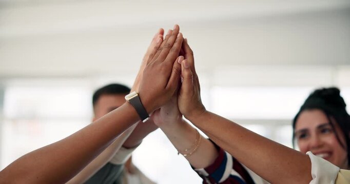 Business, hands and group with high five at work for office community, team building and cooperation. Support, people and collaboration for company solidarity, partnership and professional mission
