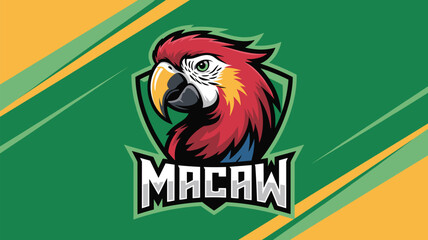 Macaw mascot logo design for esports gaming team and sports club branding featuring vibrant red parrot head illustration on green background for professional gaming identity and apparel design