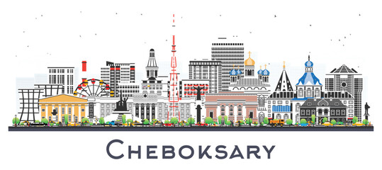 Cheboksary Russia city skyline with color buildings isolated on white. Illustration. Cheboksary cityscape with landmarks. Business travel and tourism concept with modern and historic architecture.