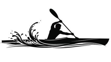 Silhouette of a kayaker paddling through splashing water in a sleek boat