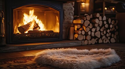 warm, glowing fireplace with a crackling fire, a neatly stacked pile of birch logs beside it, a plush sheepskin rug on the floor in front, 