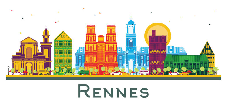 Rennes France City Skyline with Color Buildings isolated on white. Business Travel and Tourism Concept with Historic Architecture. Rennes Cityscape with Landmarks.