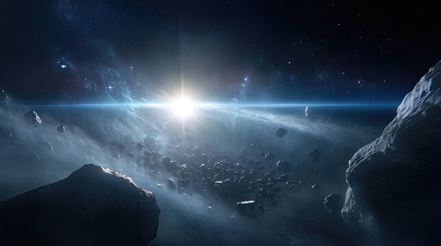 Von Neumann probe, a self-replicating interstellar spacecraft, in the process of building a copy of itself from raw materials gathered from an asteroid field, cinematic, deep space setting.