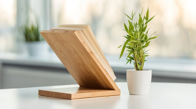 A minimalist wooden desk featuring a bamboo bookstand and a potted plant, styled in Scandinavian simplicity. lifestyle magazines.