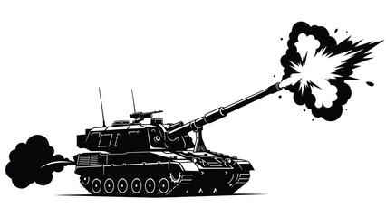 Black and white illustration of a tank firing its cannon with smoke effects