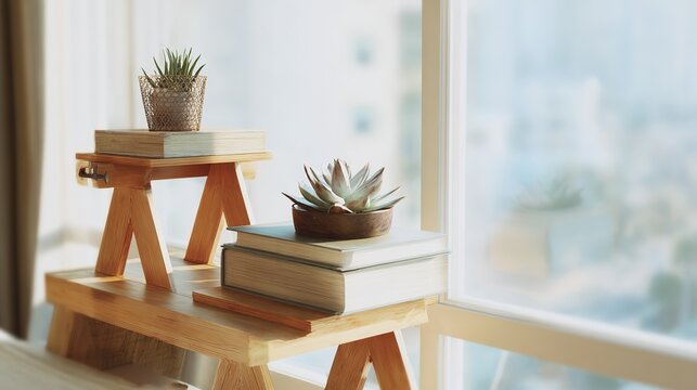 A minimalist wooden desk featuring a bamboo bookstand and a potted plant, styled in Scandinavian simplicity. lifestyle magazines.