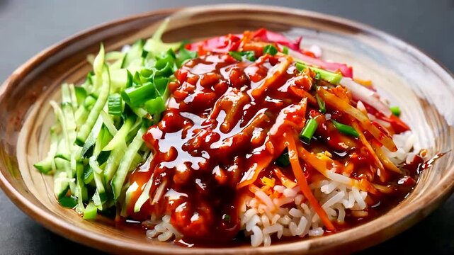 Colorful rice bowl with greens and savory sauce.