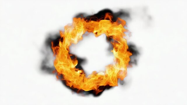 Fiery orange ring of intense flame and dark smoke isolated against a clean white background creating a dramatic circular effect