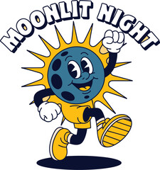 Retro rubber hose cartoon moon character running happily for moonlit night streetwear design vintage 1930s animation style with celestial moon mascot for apparel graphics and poster branding