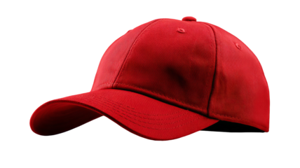 Red baseball cap isolated in high resolution png style with clean transparent background feel, crisp cutout ideal for apparel branding, sports team mockups, ecommerce product listings, stickers.