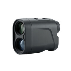 Black laser rangefinder with dual optics on a neutral background  