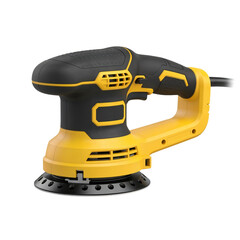 Orbital sander with ergonomic handle and black-yellow design, tools for construction  