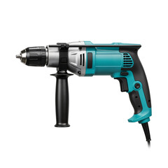 Electric drill in turquoise color with black handle and grip  