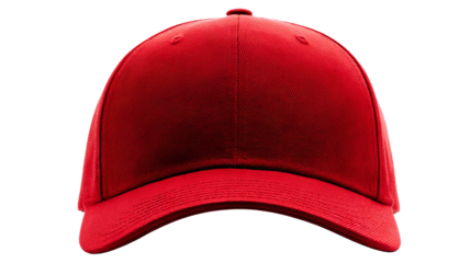 Red baseball cap isolated in high resolution png style with clean transparent background feel, crisp cutout ideal for apparel branding, sports team mockups, ecommerce product listings, stickers.